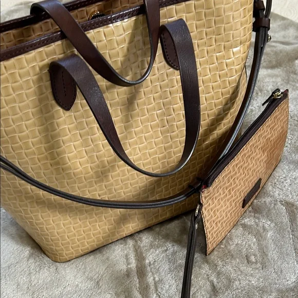 Dooney & Bourke Tan Woven Tote with Dark Brown Trim - Picture 7 of 7